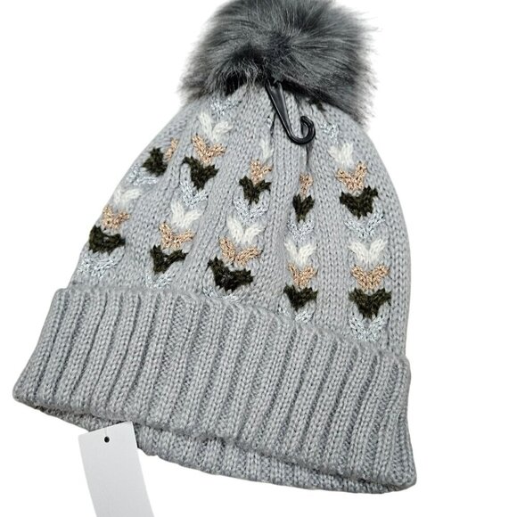 Unbranded NWT Knitted Winter Beanie With Pom Pom & Heart cable Pattern Gray - Picture 3 of 6